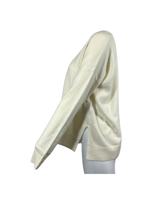 WOMEN'S V-NECK SWEATER ASYMMETRICAL CUT WITH SIDE SLITS CREAM ESSENTIEL STUDIO | LMD040PANNA